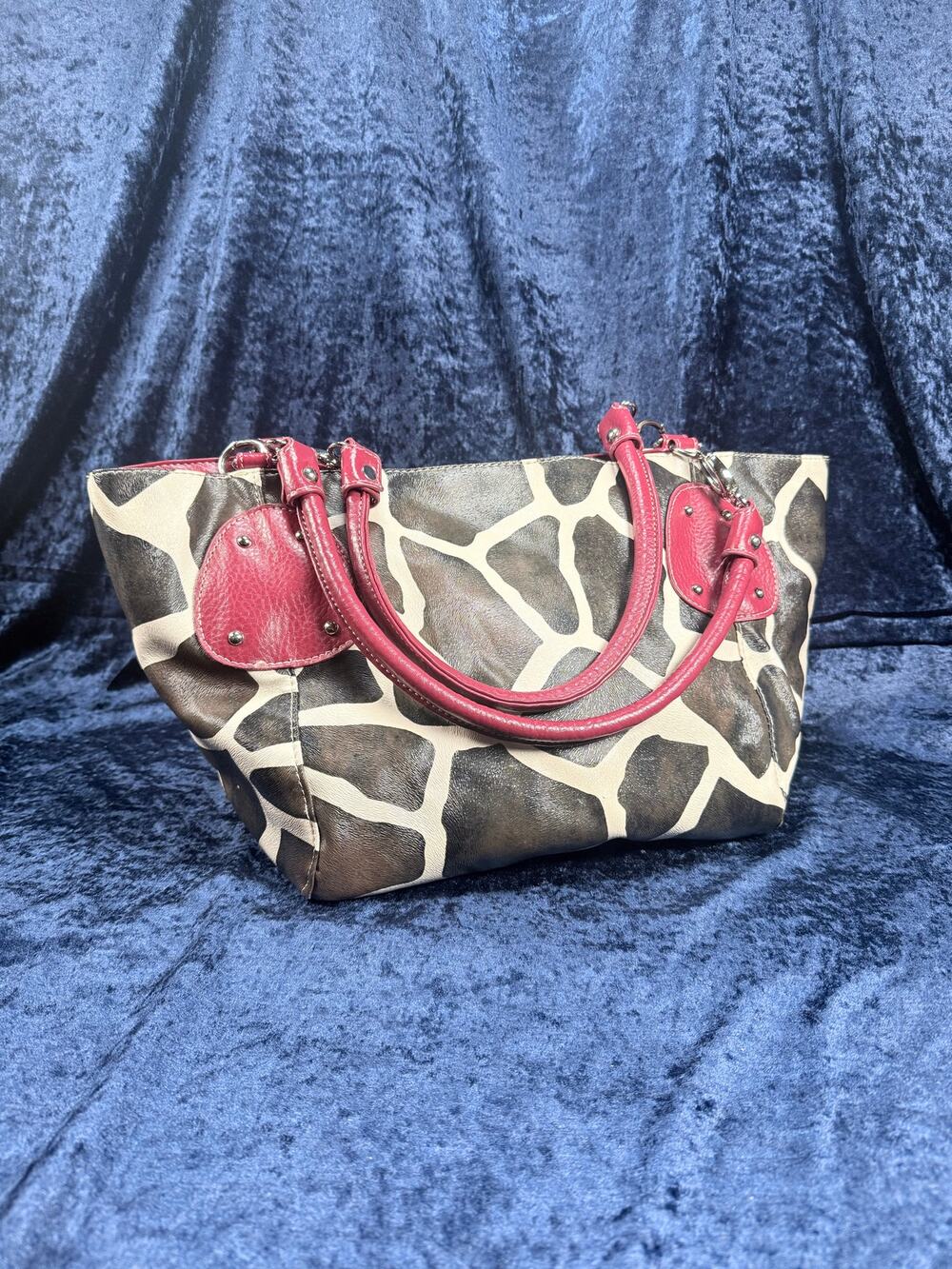 VTG Y2K Animal Print Tote Shoulder Bag Animal Print Giraffe Pattern Red Trim